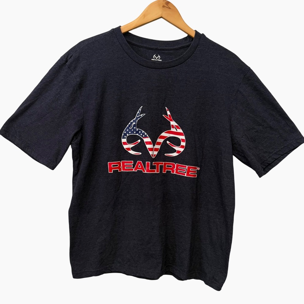 Realtree Men Sz LG American Flag Antler Logo Graphic T-Shirt Heather Grey Casual
